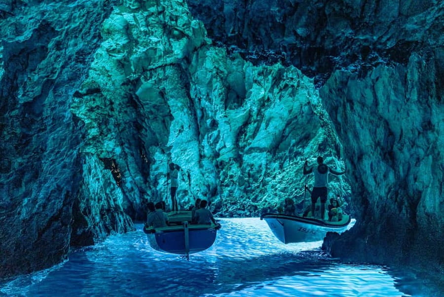 Split/Trogir: Blue Cave, Mamma Mia, Hvar and 5 Island Tour - Getting to Biševo, then the Blue Cave visit from the inside